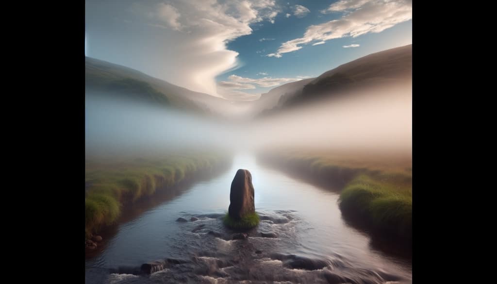A stone stands by a misty stream under an open sky, offering calm.