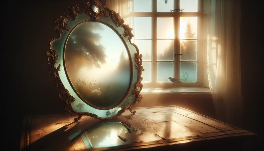 Ancient mirror reflecting soft morning light with gentle mist and natural surroundings