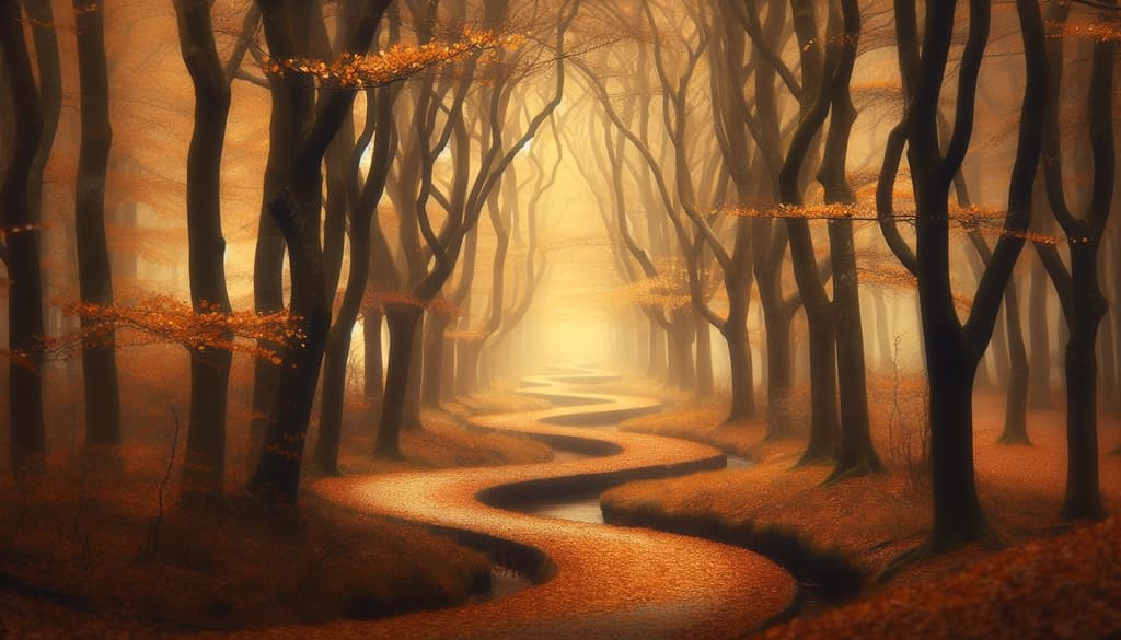 Autumn leaves falling along a quiet misty woodland path.