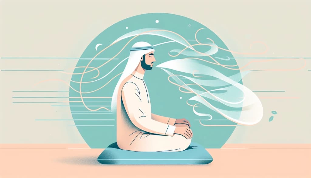 Flat pastel illustration of a person meditating peacefully with gentle breath lines