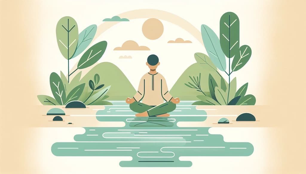 Flat pastel illustration of a person meditating calmly beside a flowing river