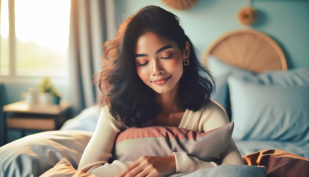 Calm person resting peacefully on bed with gentle golden hour light