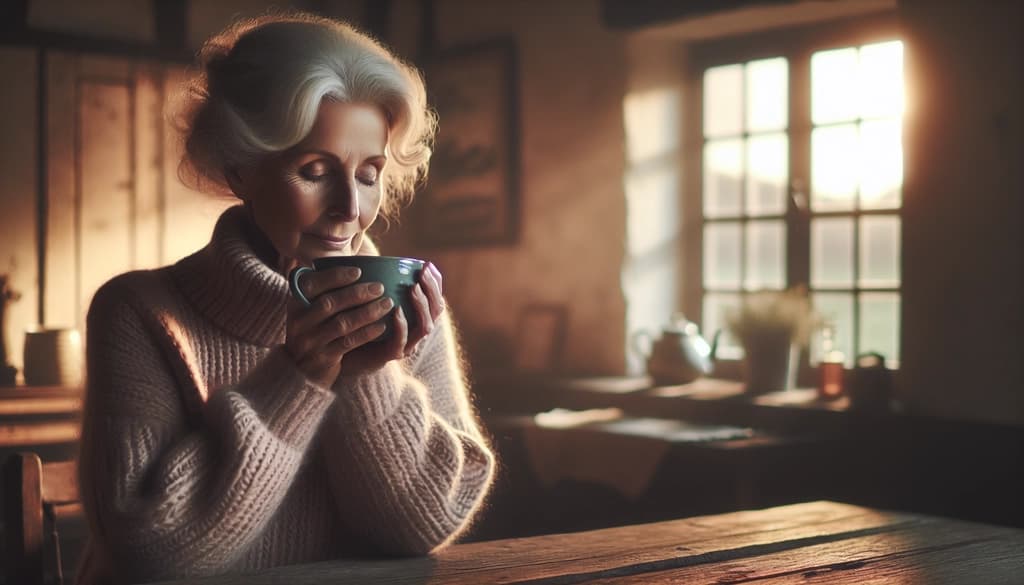 Elderly woman calmly holding steaming tea cup by window in soft morning light