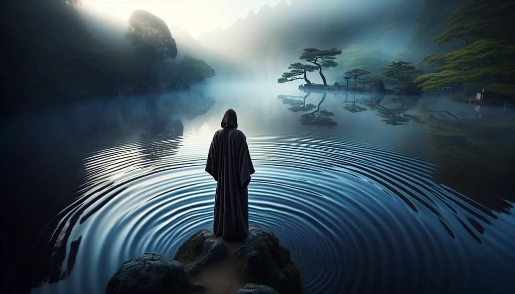Figure gazing at misty pond, reflections blending with gentle fog.