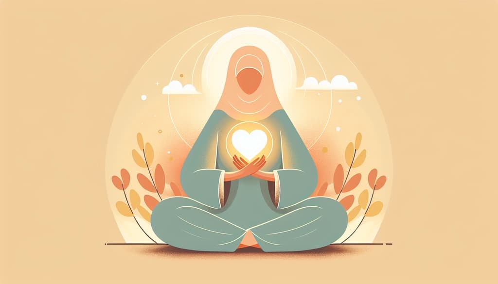 Flat pastel illustration of a woman holding a glowing heart symbolizing gentle gratitude