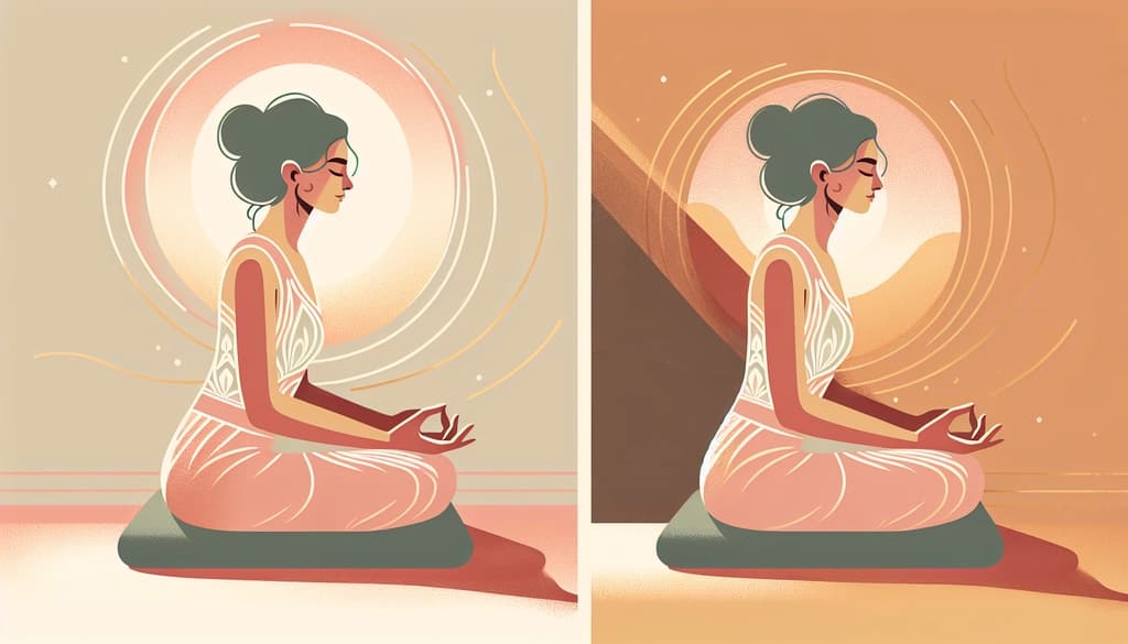 Calm person meditating gently on cushion with relaxed hands and soft upright posture in pastel style