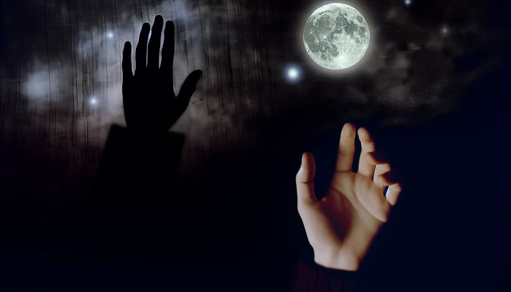 Hand pointing at a luminous moon in a tranquil night sky.