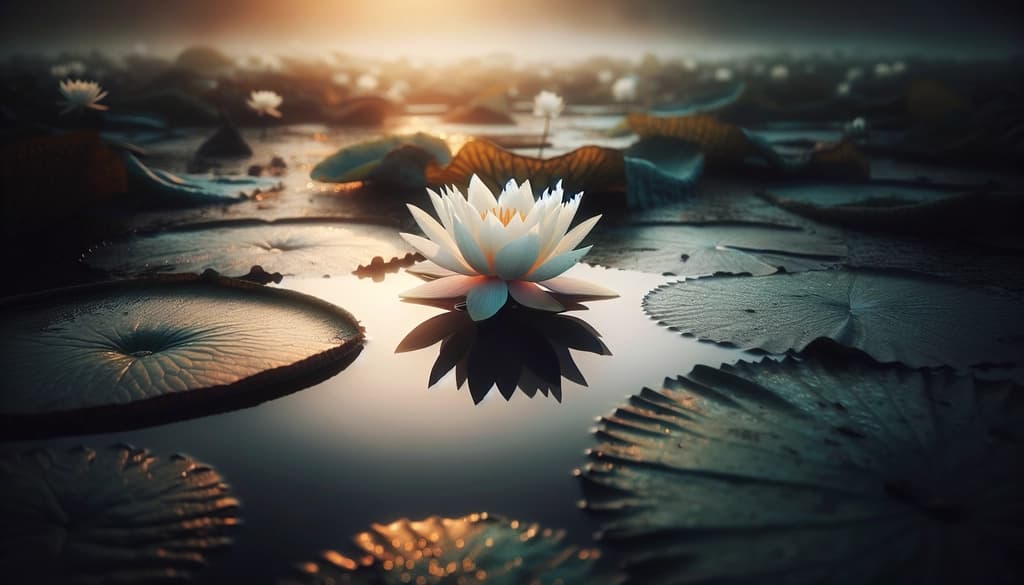 A delicate lotus flower blooming from dark muddy water in soft morning light
