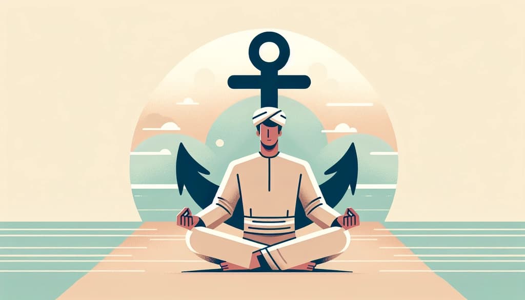 Flat pastel illustration of a person meditating with visual weight symbolizing heaviness