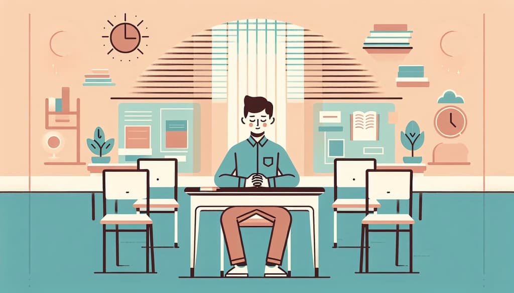 Flat pastel illustration of a calm student meditating before an exam