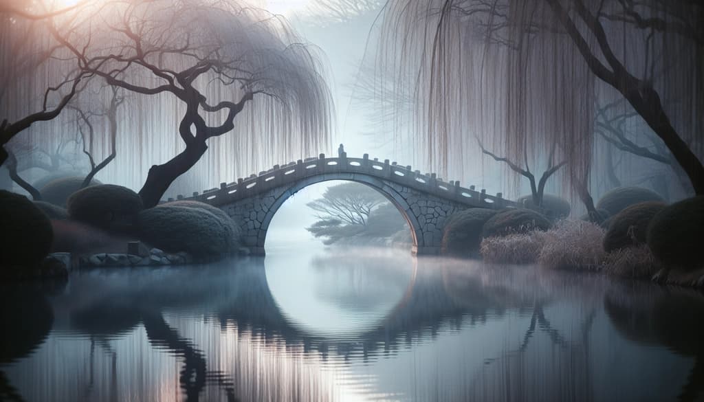 Mist over a calm stream with stone bridge and willow reflections.