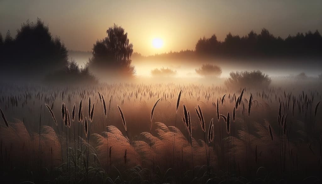 Mist rising over a grassy field at sunrise, soft light and gentle wind.