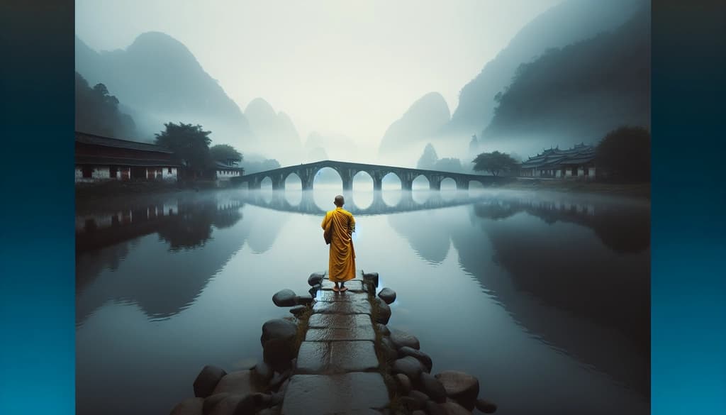 Monk in morning mist standing on stone bridge, quiet reflection.