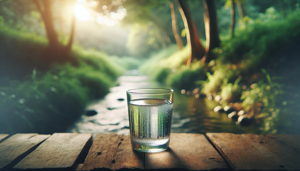 glass of water with settled muddy sediment resting on a wooden table by a calm stream at golden hour
