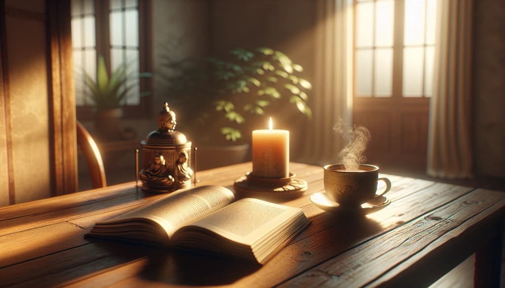 Open meditation book beside candle and herbal tea in warm morning light