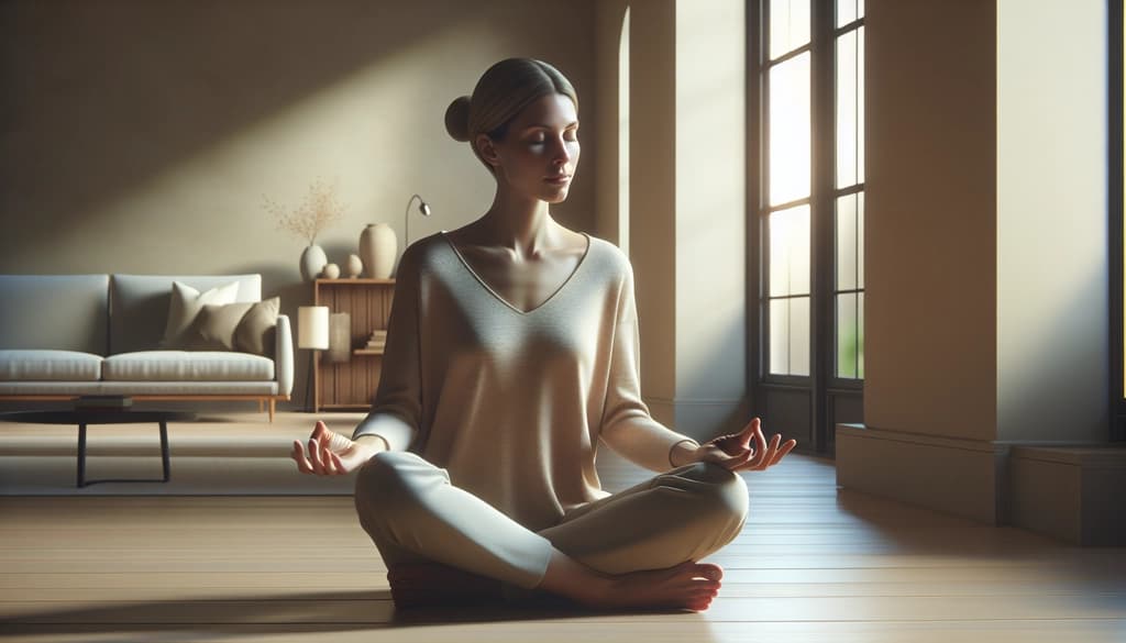 Calm person meditating peacefully with hands in lap in warm natural light