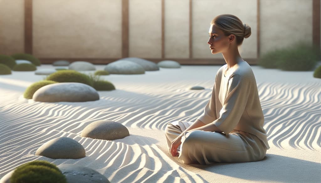 Person peacefully contemplating in a minimalist Zen garden at sunrise