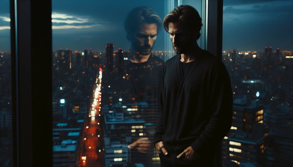 Person looking out a city window at dusk, reflecting quietly.