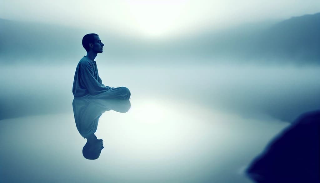 Person meditating alone in soft mist, serene and spacious.