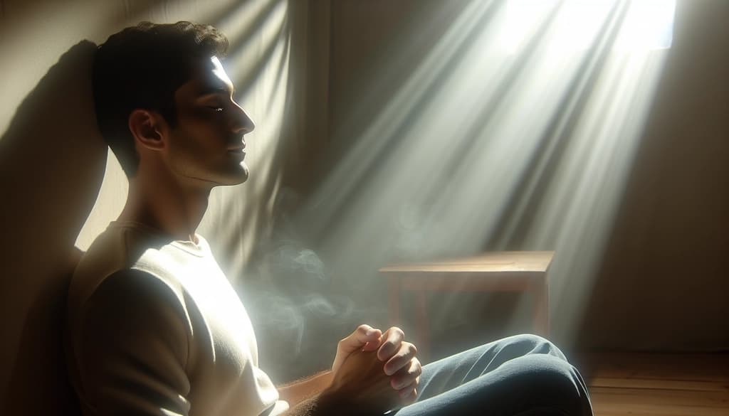 Person meditating in quiet light, reflecting on desire and suffering.