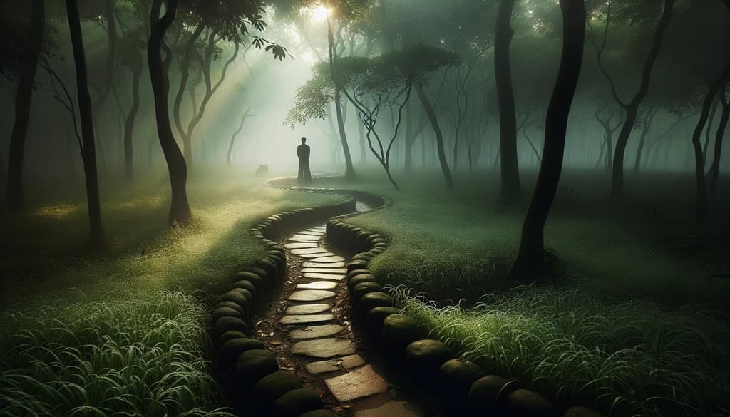 Person pausing on stone path in misty forest, immersed in early quiet.