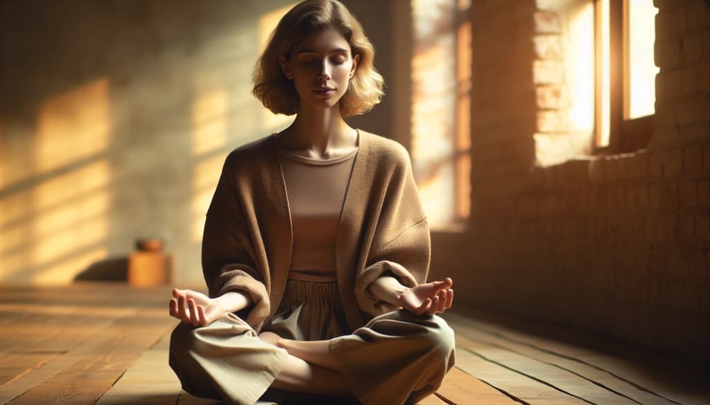 Person peacefully meditating with hands resting gently and eyes softly closed or half-open