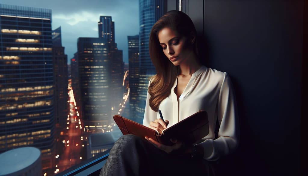 Person reflecting by a city window, journaling quietly at dusk.