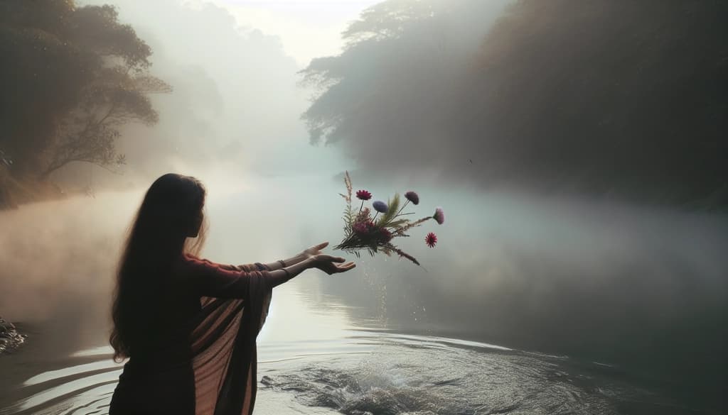 Person releasing flowers into a sunrise river, misty and contemplative.