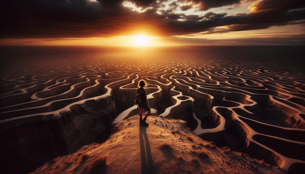 Person standing at dusk on an open plain before a winding labyrinth.