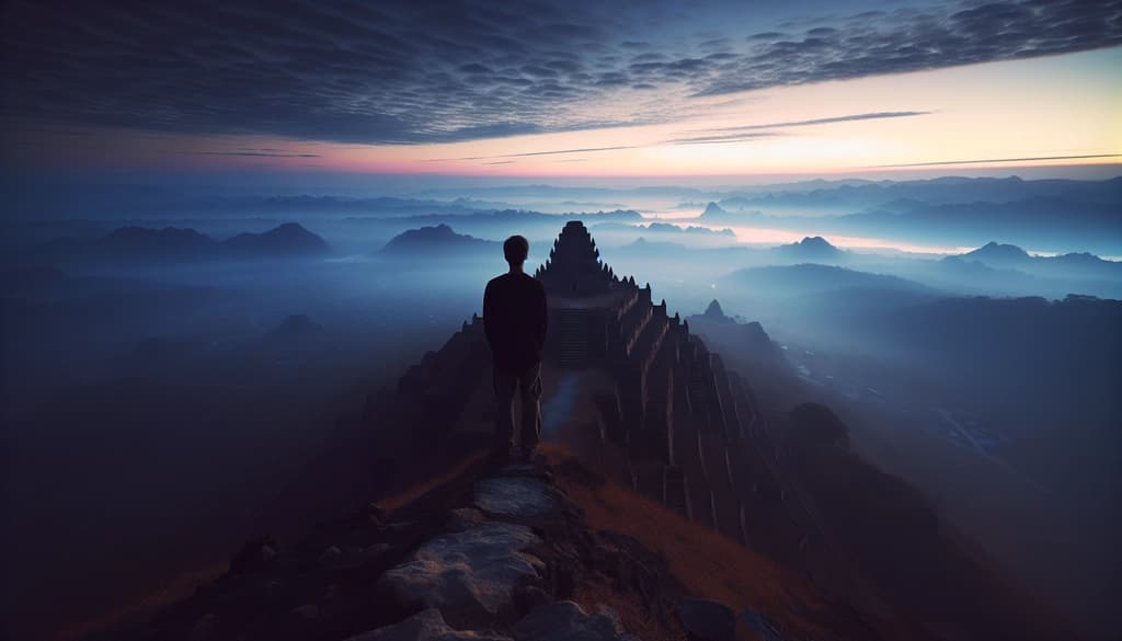 Person standing on a mountain ridge facing sunrise, sky open and still.
