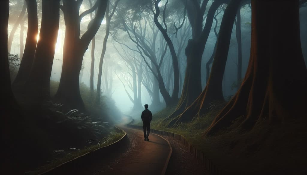 Person walking quietly on a misty forest path in morning light.