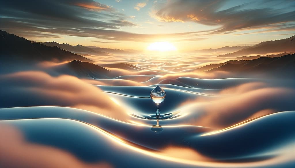 Translucent raindrop blending into vast ocean at sunrise, symbolizing unity and belonging