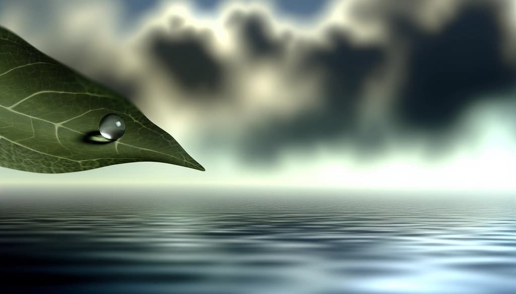 Raindrop on a leaf above a misty ocean at dawn.