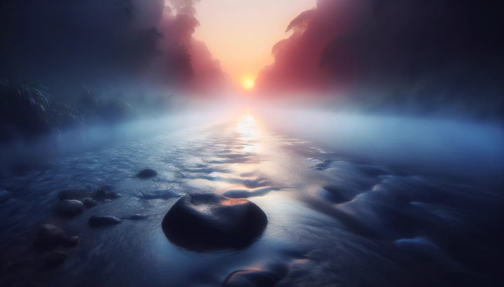 Riverbank at dawn with mist, a single stone foreground, flowing water.