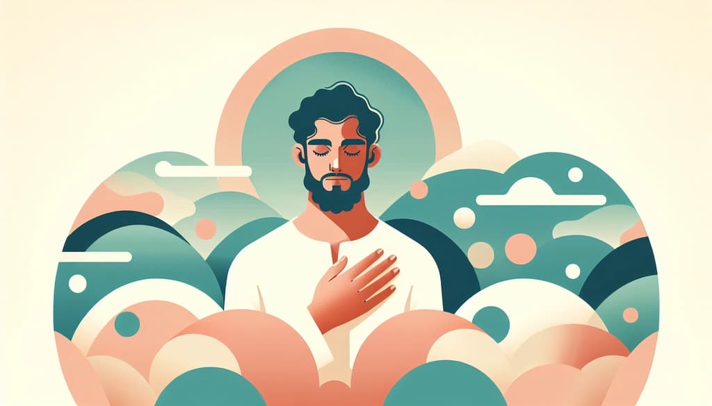 Flat pastel illustration of calm person meditating with hand on chest, symbolizing self-compassion for anxiety