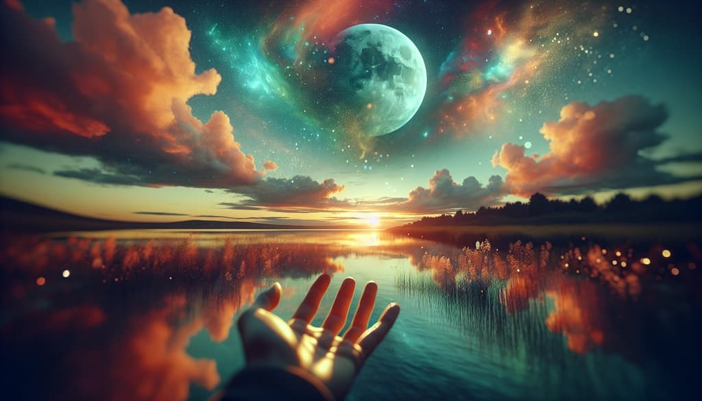 Softly glowing moon behind a gently outstretched hand at twilight