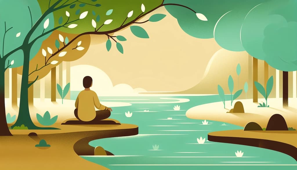 Flat pastel illustration of a person by a gentle riverbank with spring leaves symbolizing steady growth