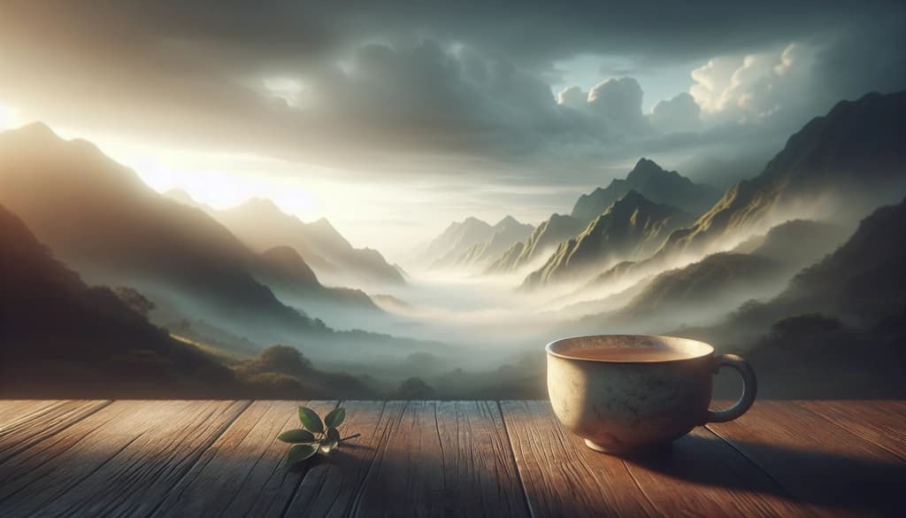 Ceramic teacup overflowing with tea on wooden table in misty mountain morning light