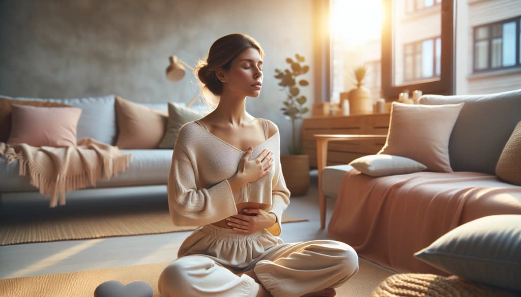 Woman practicing slow breathwork with hand on abdomen in soft natural light