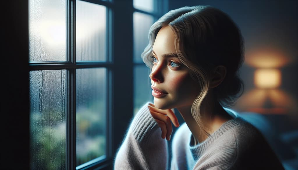 Woman peacefully gazing out a rain-streaked window in soft daylight