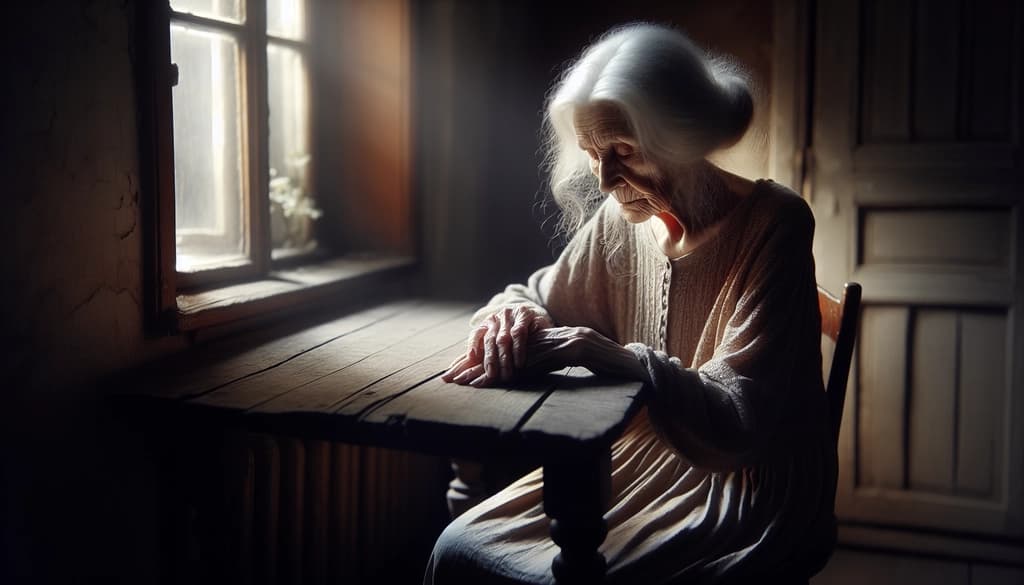 Woman in quiet contemplation at a sunlit table, reflecting inward.