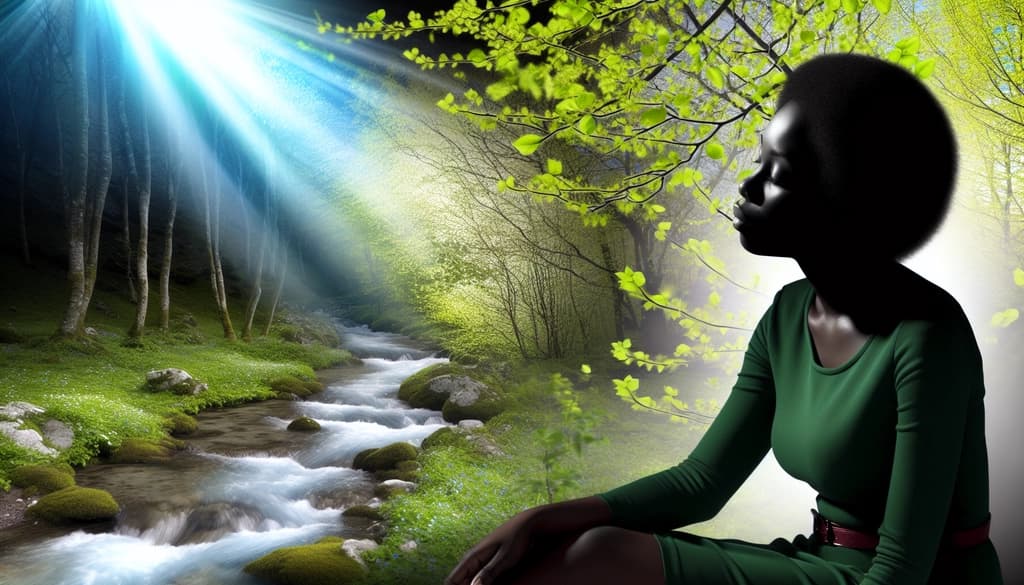 Woman meditating beside a quiet forest stream with new spring growth.