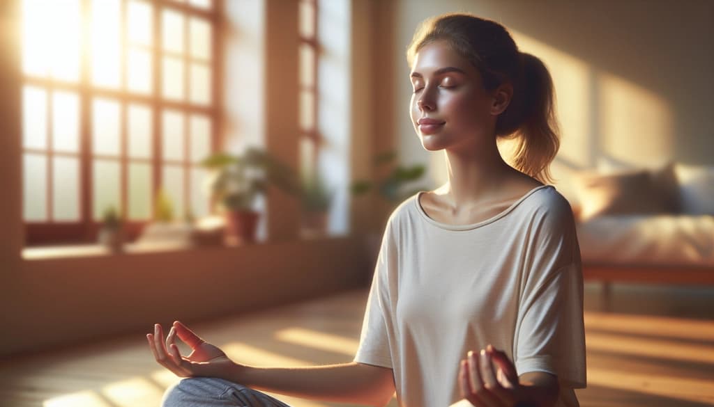 Young woman peacefully meditating in soft morning light