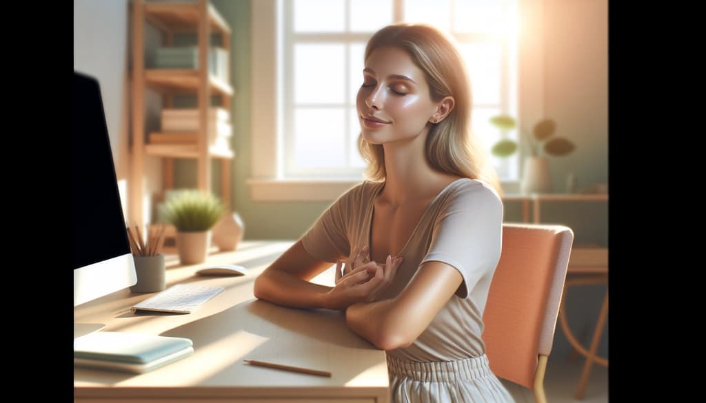 Woman calmly meditating at desk during a work break in soft natural light
