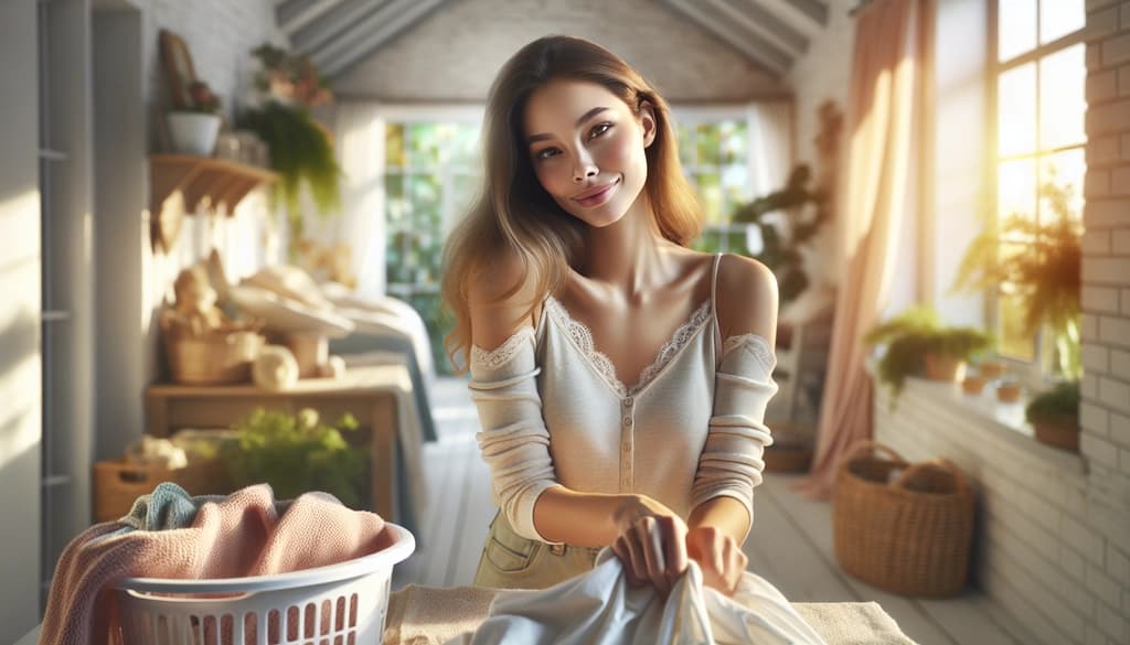 Woman folding laundry peacefully in warm natural daylight