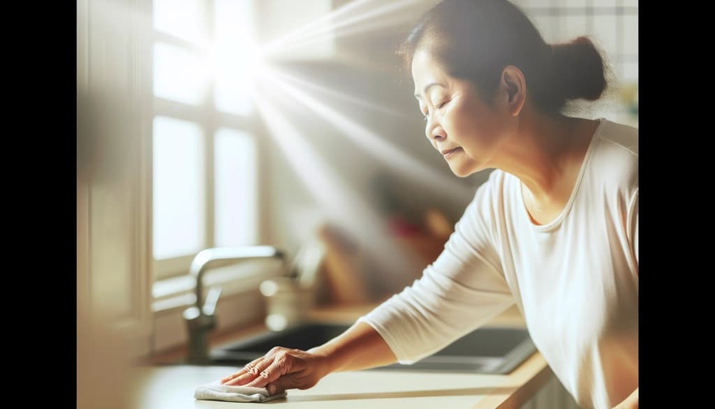 Woman mindfully cleaning a kitchen counter in soft morning light.