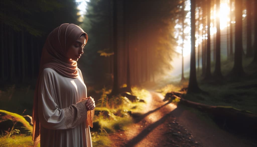 Woman on a forest path at dawn, pausing with gentle reflection.