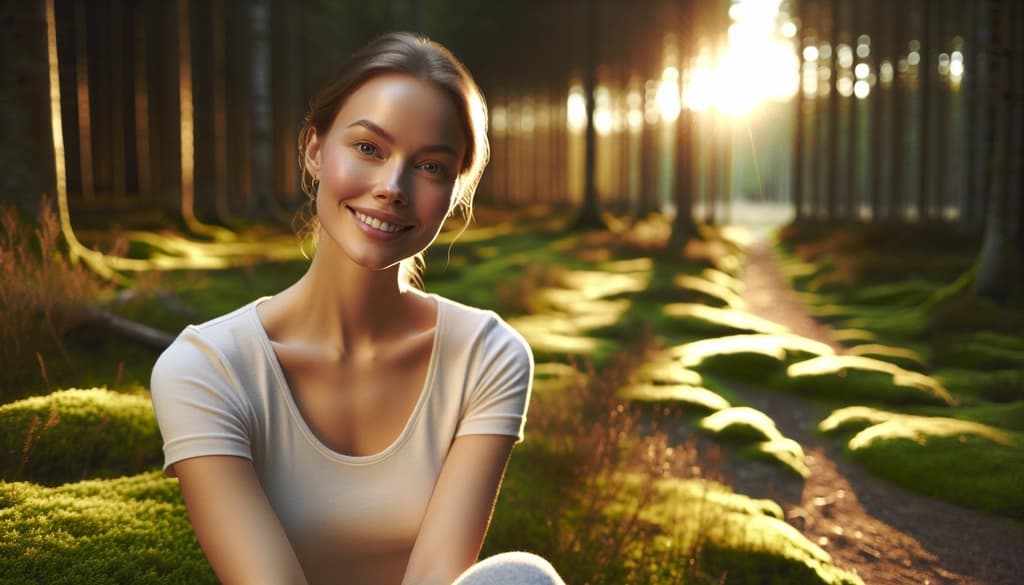 Woman peacefully sitting on a forest path with gentle sunlight and warm tones