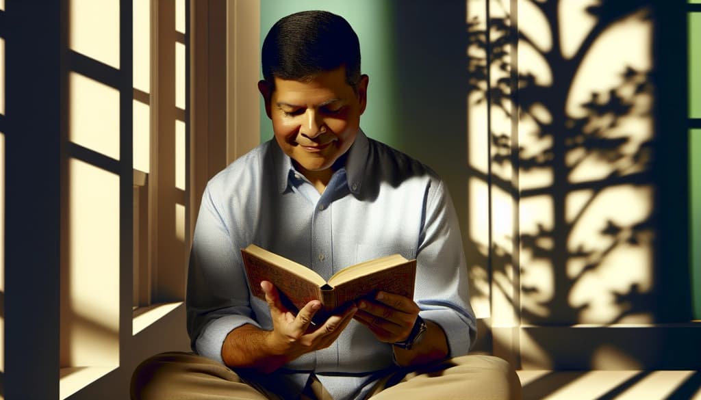 Woman reading a book in a sunlit room, quietly reflecting on a story.
