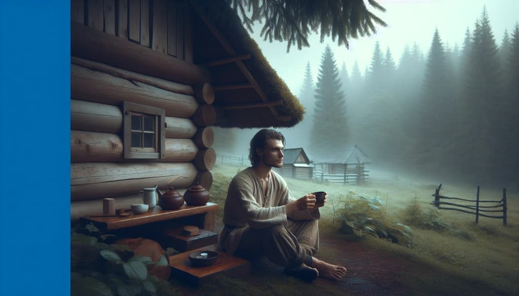 Young person peacefully holding tea by a hut in misty forest at dawn with gentle rain starting